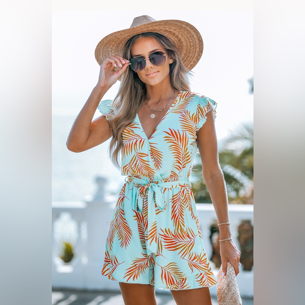 NWT Cupshe Teal & Orange Tropical Flutter Sleeve Romper - size M